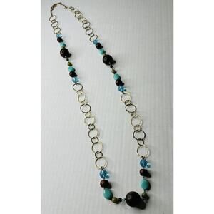 Yochi NY Necklace Wood & Glass Beads Gold Loops Vintage Bohemian Boho Beautiful